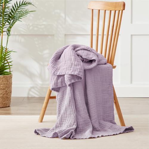 100% Cotton Muslin Blanket Twin XL 66" x 90", Breathable and Cooling Bed Blankets, Soft Boho Coverlet Bedspread, Gauze Bedding for Adults All Season, Purple, Lavender