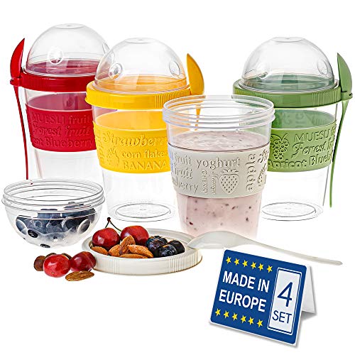 CRYSTALIA Breakfast On the Go Cups, Take and Go Yogurt Cup with Topping Cereal or Oatmeal Container, Colorful Set of 4