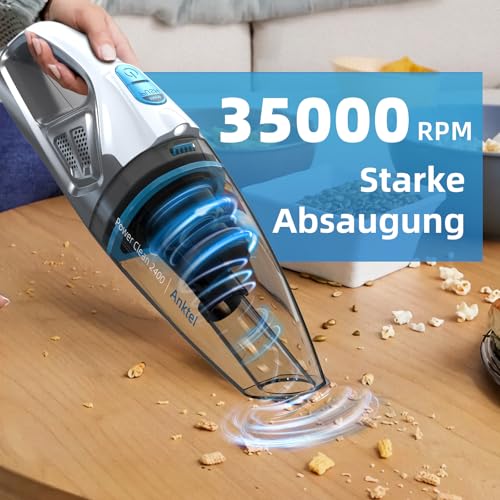 Anktel Handstaubsauger mit Ladestation& LED Beleuchtung -PowerClean 2400- Handstaubsauger Akku Kabellos Nass&Trocken Handsauger mit Waschbar HEPA-Filter Beutellos per Auto, Haus
