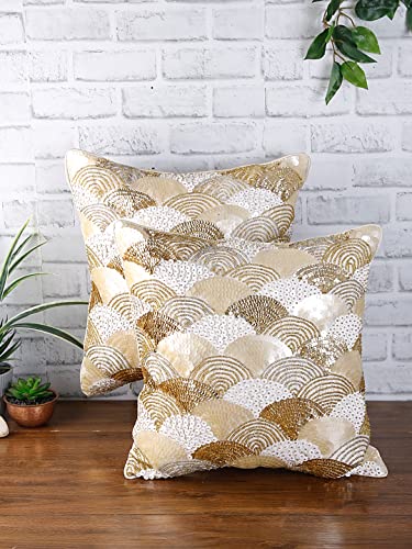 Image of eyda Sequin Cushion Covers 16X16 Inch, Pack of 2, Square Throw Cushion Covers, Pillow Covers for Bed, Decorative Cushion Covers for Sofa, Chair, Bed, Pillow Cover - Gold & Silver