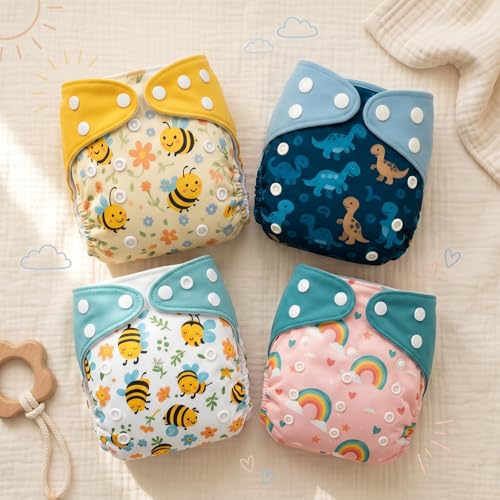 Image of Blushbaby Reusable Cloth Diapers for Babies | 3 Months-3 Years | 4 Washable Diapers with 4 Absorbent Insert Pads | Adjustable, Leakage Proof cloth diapers for babies|Freesize Diaper 5-18kg-Bees & Dino