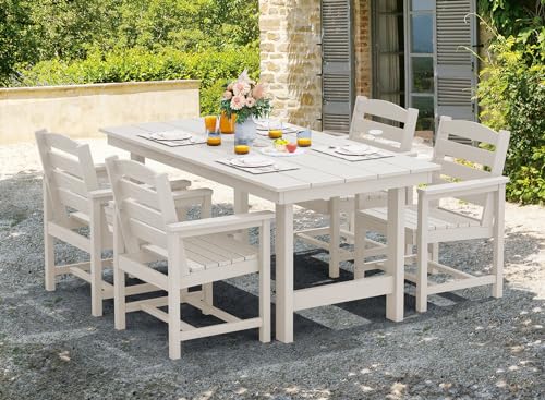 Image of SERWALL 5 Pcs HDPE Patio Dining Set w /Umbrella Hole Table & 4 Chairs, White | HDPE Outdoor Dining Set with Rectangular Table & 4 Chairs, All-Weather Patio Dining Furniture