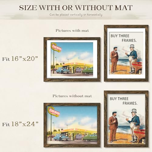 Picrit 18x24 Picture Frame 3 Pack, Brown Poster Frame, Display Poster 16 x 20 with Mat or 18 x 24 without Mat for Horizontal or Vertical Wall Mounting