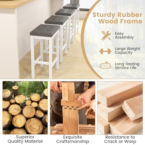 GOFLAME Butaco 24 Pulgadas Set de 2, Banquetas de Altura para Barra con Asiento de Cuero PVC Capitoneado y Reposapiés, Sillas Tapizadas para Pub con Estructura de Madera de Caucho Gris y Blanco miniatura 5