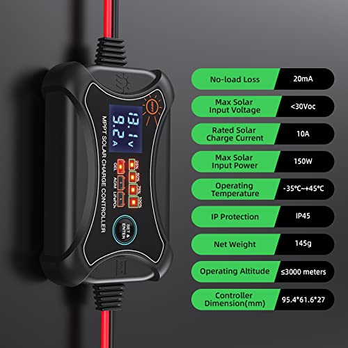10A Mppt Solar Charge Controller, Bateria Power Solar Intelligent 10 Amp 12 Volt Solar Regulator With Lcd Display And Led Indicate Light Designed For 12V Gel Agm Lithium Lifepo4 Battery Charging #TOP6