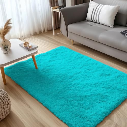 OLANLY 3x5 Machine Washable Small Bedside Rug, Soft Fluffy Shaggy Rugs for Living Room, Bedroom, Indoor Floor Carpet for Kids Girls and Boys, Preppy Dorms, Nursery, Home Decor Aesthetic, Teal Blue