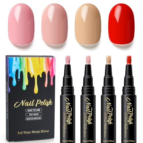 4PCS Nagellackstift Schnelltrocknend - Nagellack Schnelltrocknend Wasserbasis Nail Arts Pen Ohne UV Lampe (4pcs rosa rot)
