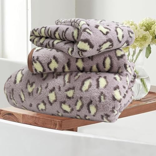 ABREEZE Leopard Print Bath Towel Set of 3 - Super Soft Coral Fleece Bath Towel, Hand Towel & Hair Wrap | Quick Dry, Highly Absorbent, Luxurious Spa & Bathroom Decor Purple