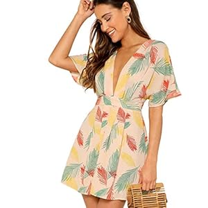 Floerns Women's Tropical Floral Plunging V Neck Tie Open Back Summer Short Dress Multicolor M