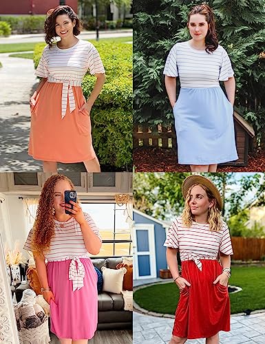 Merokeety Women's Summer Striped Ruffle Sleeves Tie Waist Crew Neck Casual Swing Midi Dress Dusty Pink #TOP4