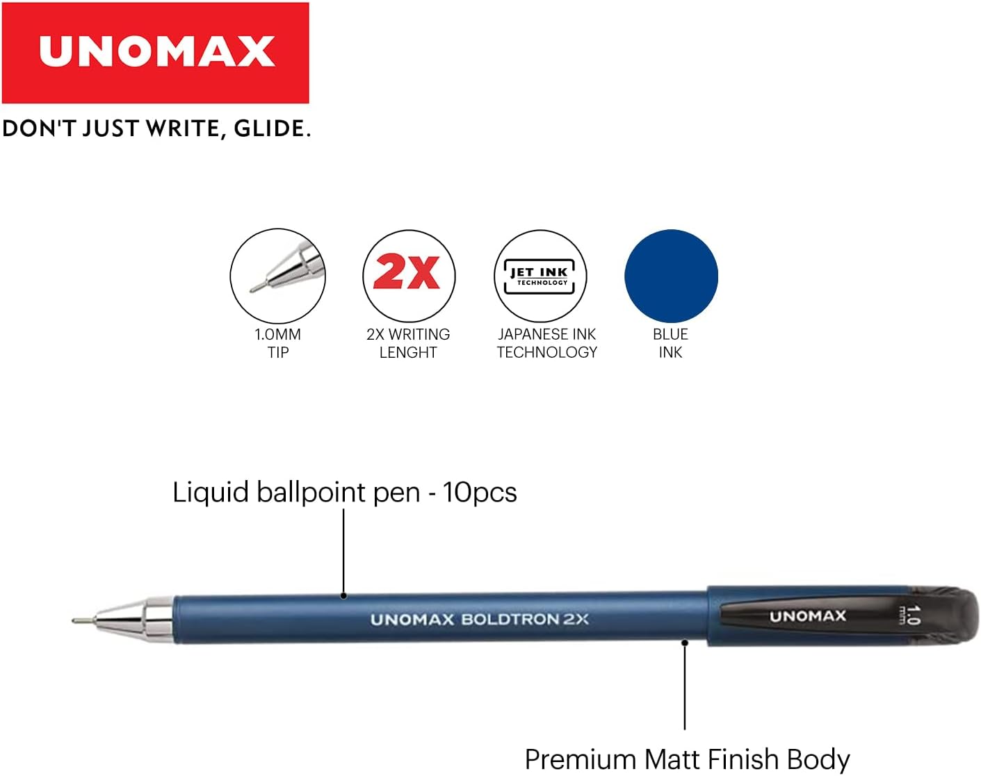 UNOMAX Boldtron 2X 1.0mm Ball Point Pens - Pack of 20 (10 Blue & 10 Black) | Fast-Flowing Ink, Pocket-Friendly, Budget-Friendly, Ideal for Daily Use and Fine Handwriting