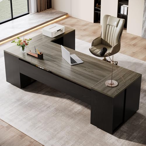 Image of Tribesigns 85.8-Inch L-Shaped Executive Office Desk with File Drawers & Storage Cabinet, Professional Corner Computer Desk Extra Large Business Workstation with Adjustable Shelves (Gray&Black)