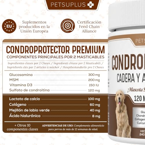 Miniatura 5 de Petsuplus Condroprotector Perros - Glucosamina, Msm, Condroitina, Colageno, Acido Hialuronico - Fortalece Los Cartilagos Y Protege Las Articulaciones - Antiinflamatorios Naturales - 120 Masticables
