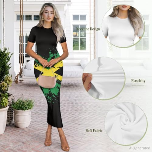 Image of Womens Short Sleeve Jamaican Flag Midi Bodycon Dress | Soft stretchy fabric,crew neck,jamaican print casual date night cocktail party, elegant chic, spring summer fall all season