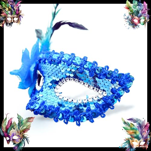 Image of Wanna Party Women's Blue Sequin Eye Mask with Flower for Masquerade Party,Fancy Dress Costume, New Year Party