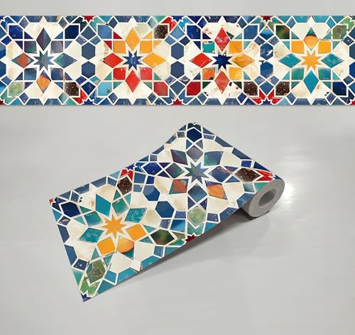 Image of WallDesign Turkish Mosaic Stone Self-Adhesive Tile Border - 4 Inch x 10 Feet, Glossy Vinyl Roll for Kitchen Backsplash, Bathroom, Cabinet, Door, Furniture & DIY Decor