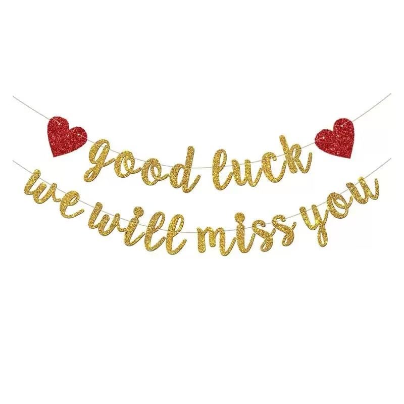 We Will Miss You Banner, Good Luck Banner - Red Background with Gold Letters & Heart Design, Farewell Banner for Leaving Party, Retirement, Colleague, Graduation Decorations