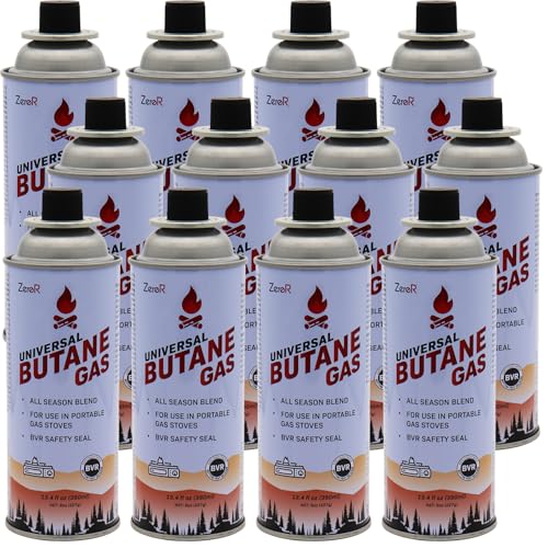 ZeroR Butane Fuel Canister Cartridge 13.4 fl oz (390 mL) Pack of 12 | Compatible with Portable Camping Stoves and Torches