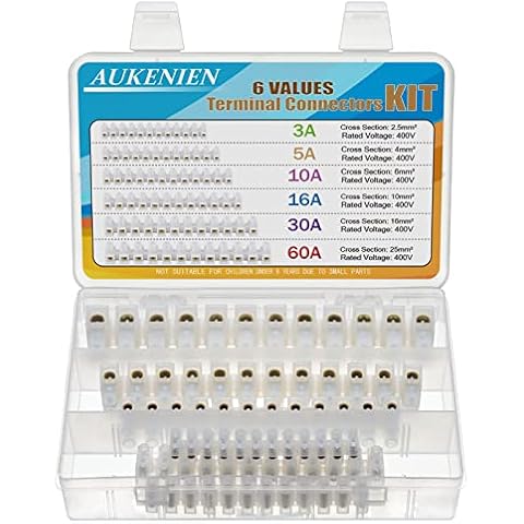 AUKENIEN 6Values Electrical Terminal Connectors Blocks Kit 3A 5A 10A 15A 30A 60A 12 Way White Terminals Choc Block Electric Wire Connectors Strips 3 5 10 15 30 60 Amp Connecting Block for Wiring Cable Cover