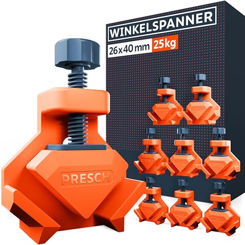 PRESCH Winkelspanner 8 Stk. - Eckspanner für Brettstärken bis 26mm - 25kg Spannkraft zum Verleimen - Robuste Eckklemmen für Holzbearbeitung dank glasfaserverstärktem Kunststoff - Exakter Winkelhalter