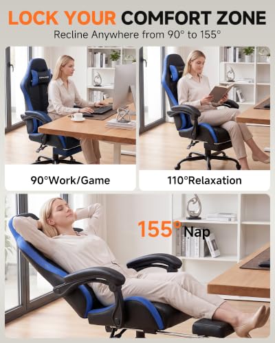 Image of GTPLAYER Gaming Chair for Adults, Computer Chair with Footrest,Black & Blue | Ergonomic Video Game Chair with 90-155 Recline, Removable Headrest & Lumbar Support, All-Day Comfort for Home & Office
