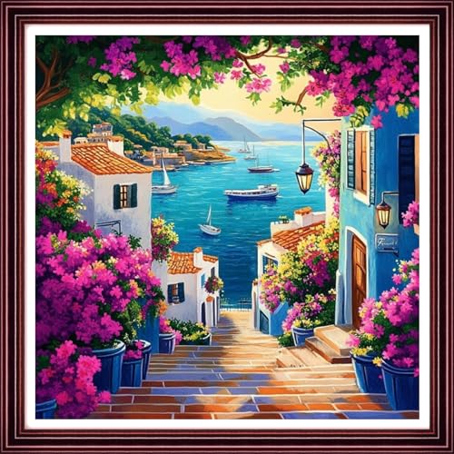 Image of Redxing Stamped Cross Stitch Kits Full Range of Embroidery Starter Kits- Needlepoint Counted Cross Stitch Kits for Beginner Adults 11CT Printed Embroidery Kit-Seaside Floral Scenery 18x18 inch