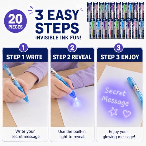 Image of MONKEYTAIL Birthday Return Gift for Kids, 20 Pcs Magic Invisible Ink Pens with UV Light | Secret Message Pens for Boys & Girls | Magic Theme Party Favors & Goodie Bag Fillers