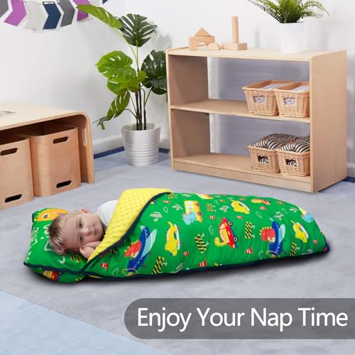 Image of Primlect Thickened Toddler Nap Mat with Removable Pillow and Minky Blanket, Extra Large 55''x35'' Sleeping Bag, Washable, Roll up, Perfect for Daycare, Preschool, Kindergarten, Boys and Girls Dinoaur
