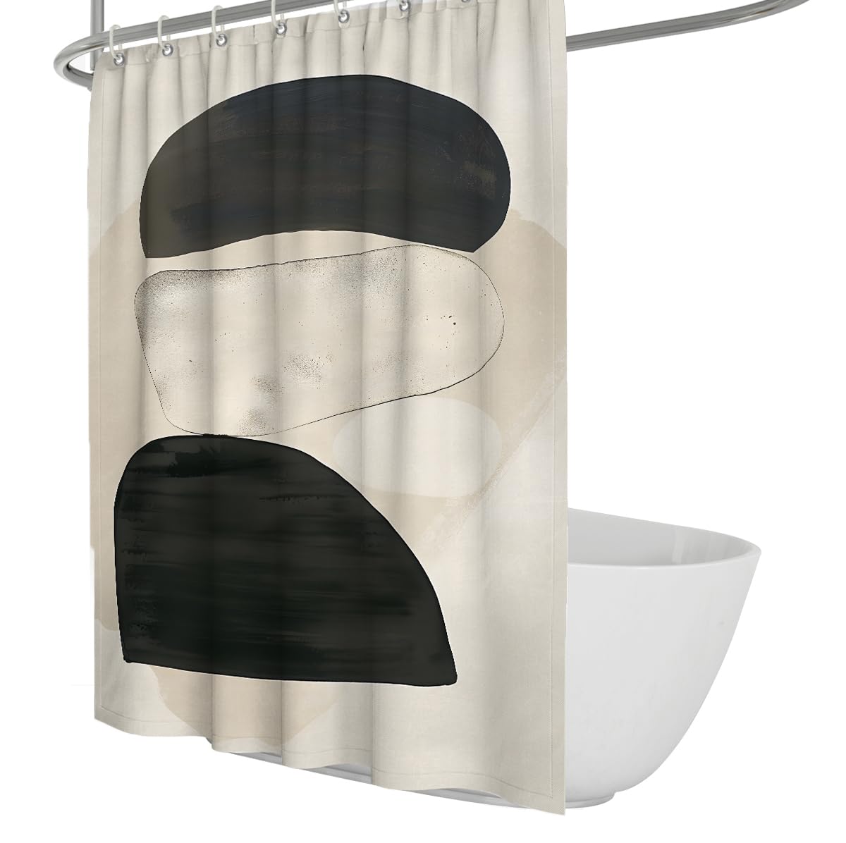 Uiringart Shower Curtains Beige Black Abstract Stones W180xl200cm Geometric Boho Anti Mould Washable Rustproof Grommets For Bath Tub Bathroom Decor With Hook