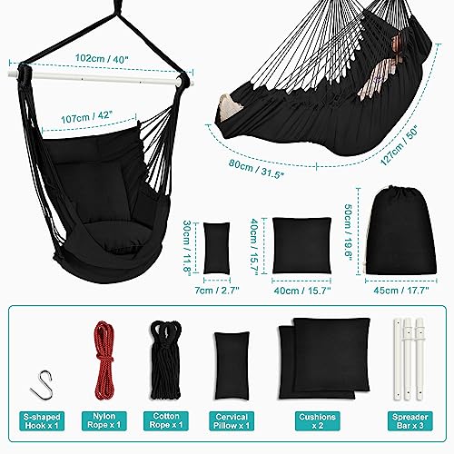 Image of Outerman Hammock Chair, Hanging Chair with 3 Cushions and Foot Rest Support, Durable Metal Spreader Bar Max 500Lbs, Swing Chair for Bedroom, Indoor & Outdoor, Patio, Porch or Tree(Black)