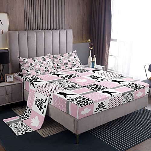 Erosebridal Ice Hockey Sheets Buffalo Plaid Decor,Pucks Sports Ball Games Sheet Set for Girls,Extreme Sport Fitted Sheet for Hockey Player,Maple Leaf Bed Set Twin Canadian Flag Decor Pastel Pink