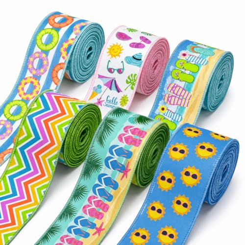 6 Rolls Summer Wired Edge Ribbons 24 Yards 2.5 in Flip Flop Sunshine Stripe Patterns Gift Wrapping Ribbon for Beach Themed DIY Crafts Bow Wreath Summer Party Decorations