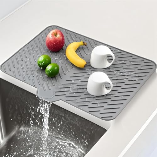 Image of HROY Silicone Dish Drying Mat for Kitchen - Built-in Drain Lip | Hygienic Drying Pad - Sturdy Compact Easy to Clean Tray Protects Surfaces Prevents Water Build Up (50 * 40 cm)