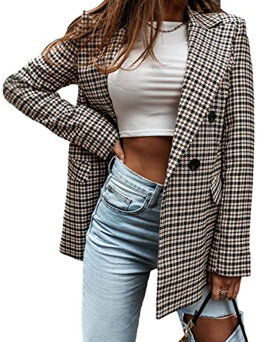 CHARTOU Women's Slim Double Breasted Houndstooth Office Work Plaid Blazer Suit Jacket Outwear