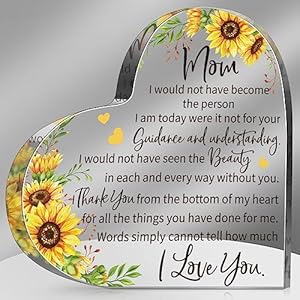 Mom Gift Dad Gift Mother in Law Gift Bonus Mom Gift Acrylic Heart Mothers Dads Plaque Gifts Grateful Birthday Gifts for Mom Dad Acrylic Best Mom Dad Sign Acrylic Heart Sign (Mom Sunflower)