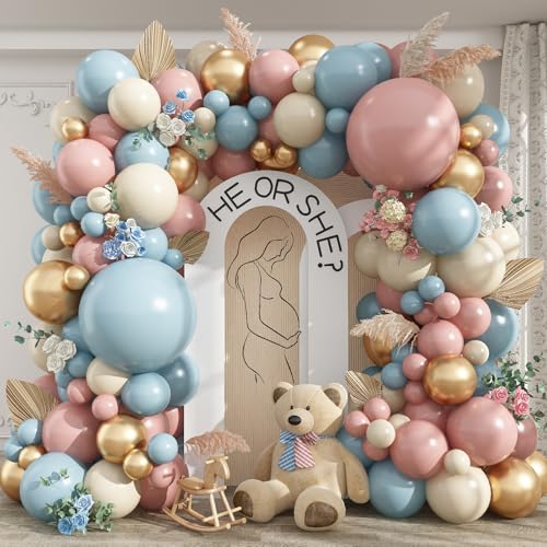 Image of Gender Reveal Balloon Arch Kit, 100 PCS Dusty Pink Blue Balloons, Metallic Gold Sand White Balloons for Boy or Girl Gender Reveal Boho Birthday Wedding Baby Shower Bridal Bear Theme Party Decorations