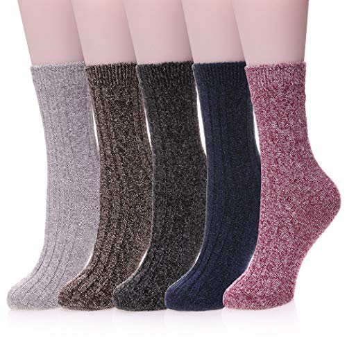 Womens 5 Pairs Thick Soft Solid Color Knit Wool Warm Crew Winter Socks (5 Pairs 02)