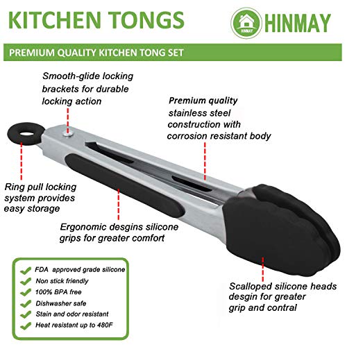 HINMAY Small Serving Tongs with Silicone Tips 7 Inch Mini Stainless Steel Food Tongs, Set of 3 (Black)
