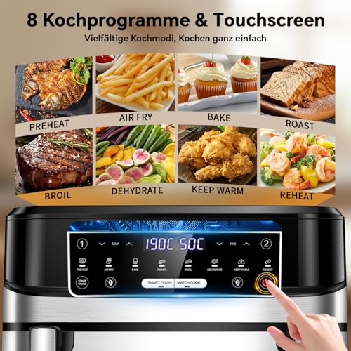Heißluftfritteuse 12L | Air Fryer XXL Variabel für Einzel und Zweikammer, 2600W Doppel-Heizelement Separate Temper mit Sichtfenster und Innenlicht, Airfryer Doppelkammer 8-in-1 Touch-Steuerung Rezept 4