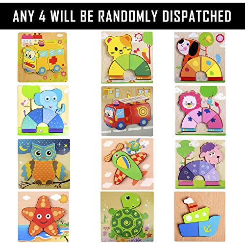 Image of WISHKEY Set of Jigsaw Wooden Animal Vehicle Puzzle Early Age Matching Game Learning Educational Preschool Toy Random Design Puzzles for Toddlers & Kids (Pack of 4, Multicolor)