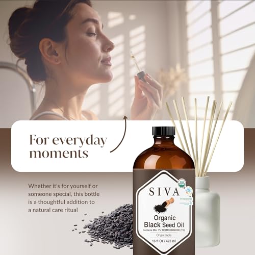Image of Siva Black Seed Organic Oil 16oz (473ml) Premium Cold-Pressed Organic Carrier Oil for Face, Skin Care, Body Massage, Hair Care, Hair Oiling & Scalp Massage