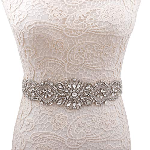 Yanstar Handmade Silver Rhinestone Crystal Bridal Belt Sash with Ivory Ribbon Wedding Dress