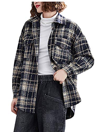 Himosyber Women's Wool Blend Grid Lapel Tweed Button Pockets Shacket Outerwear Shirt?Black-XS?