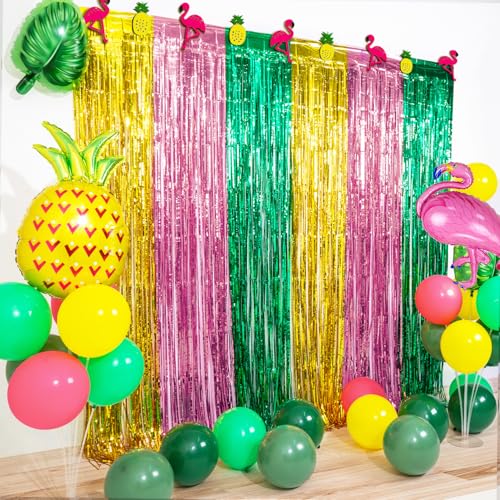 Hawaiian Aloha Luau Party Decoration, 2 Pack Green Pink Gold 3.3 x 6.6ft Foil Fringe Curtains Tinsel Photo Booth Props Streamers Backdrop for Hawaiian Tropical Summer Luau Beach Party Decorations