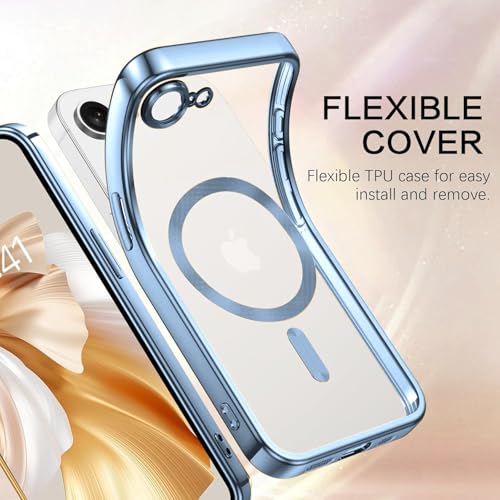 Image of VONZEE Electroplating Transparent Clear Logo Back Cover TPU Compatible with iPhone 17e / iPhone 16e Case, Compatible with Magsafe, Full Body & Individual Camera Protection for Each Lens (Sierra Blue)
