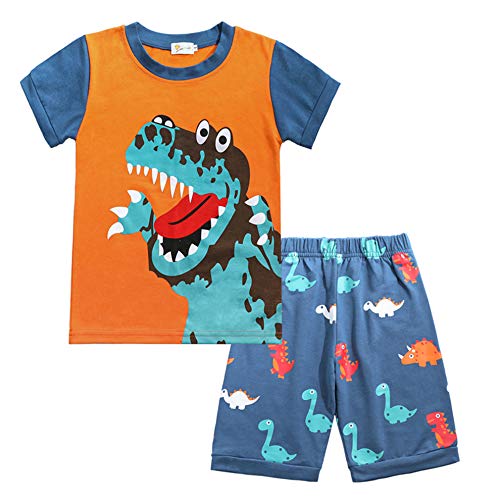Image of Little Boys Short Set Pajamas for Boys 100% Cotton Toddle Firetruck Dinosaur Sleepwear Summer Clothes Size 2-7T
