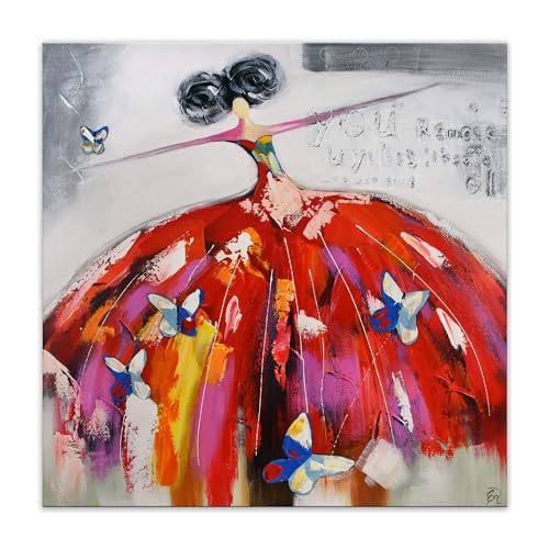 ADM - 'Donna con farfalle' - Quadro, dipinto a mano figurativo su tela con decorazioni in rilievo e montato su telaio estetico alto - Rosso - H100 cm