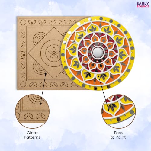Image of EARLY BOUNCE DIY Lippan Art Kit for Kids & Adults | 2 Pre-Marked 8 Inch MDF Boards, 12 Acrylic Colors, Mirrors and More | Art and Craft Kit | Crafts & Gifts for Kids Age 8+ | Indian Folk Art