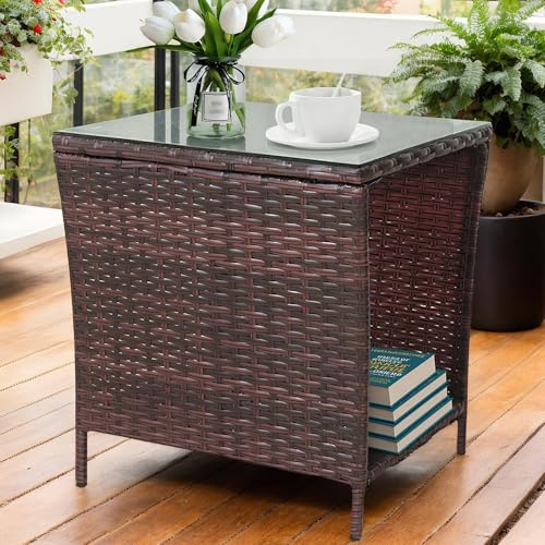 Outdoor Wicker Side Table with Tempered Glass Top Weatherproof Rattan Patio End Coffee Table with Storage Shelf for Balcony Garden Porch Poolside