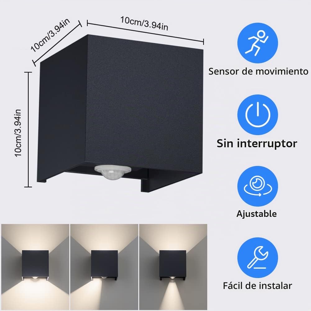 Klighten Aplique de pared con sensor de movimiento 2PCS, 12W Aplique pared exterior/interior con haz de luz ajustable, 4000K Blanco natural, Lámparas de pared Ip65 con sensor (Antracita)